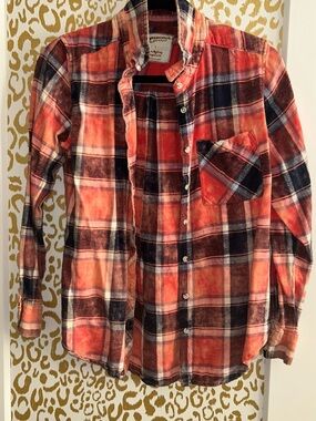 Arizona Jean Company Red Orange Plaid Button-Down Shirt JUNIOR SIZE LARGE